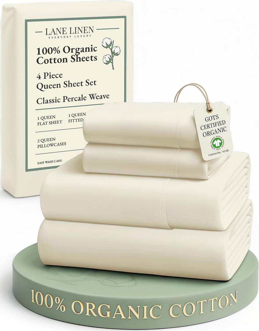 LANE LINEN 100% Organic Cotton Queen Sheets, 4Pc Cotton Sheets Set, Classic Percale Weave Bedsheets Queen Size Bed, Soft Breathable Sheet & Pillowcase Sets, Deep Pocket 15" - Natural