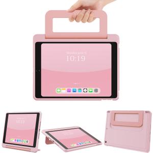 INFILAND Kids Case for iPad 9th/8th/7th Generation 2021/2020/2019 10.2 inch, Durable Soft Shockproof Stand Protective Cover with Pencil Holder/Handle for iPad 7/8/9 Gen (Light Pink)