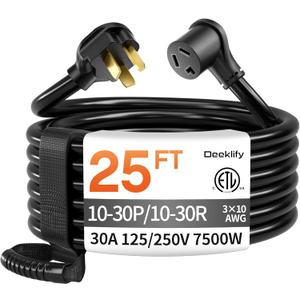 25 FT 3 Prong Dryer Extension Cord Outdoor Black, 30 AMP 10/3 Gauge Heavy Duty, NEMA 10-30P to 10-30R, Waterproof STW Jacket ETL Listed for Dryers & EV Charging