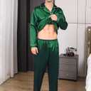 2 x Men's Silky Satin Pajama Sets Mens Sleepwear Big and Tall Pajamas for Men Loungewear Summer Pjs Lounge Set M-5XL (Green)