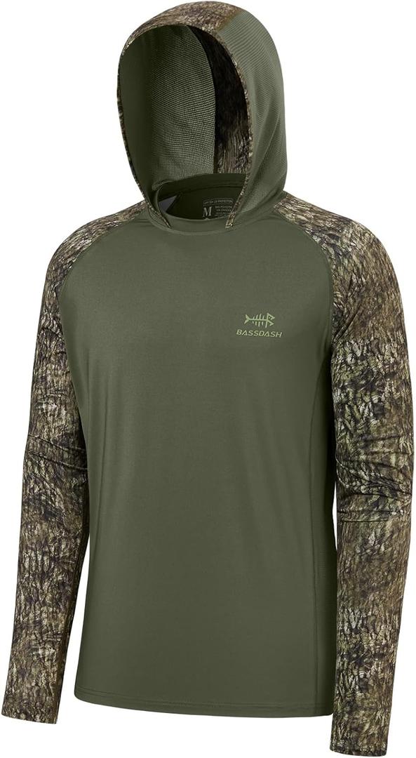BASSDASH Mens UPF 50 Performance Fishing Shirt Cooling Hoodie Camo Long Sleeve FS17M (XX-Large, Olive Green/Mossy Wood)