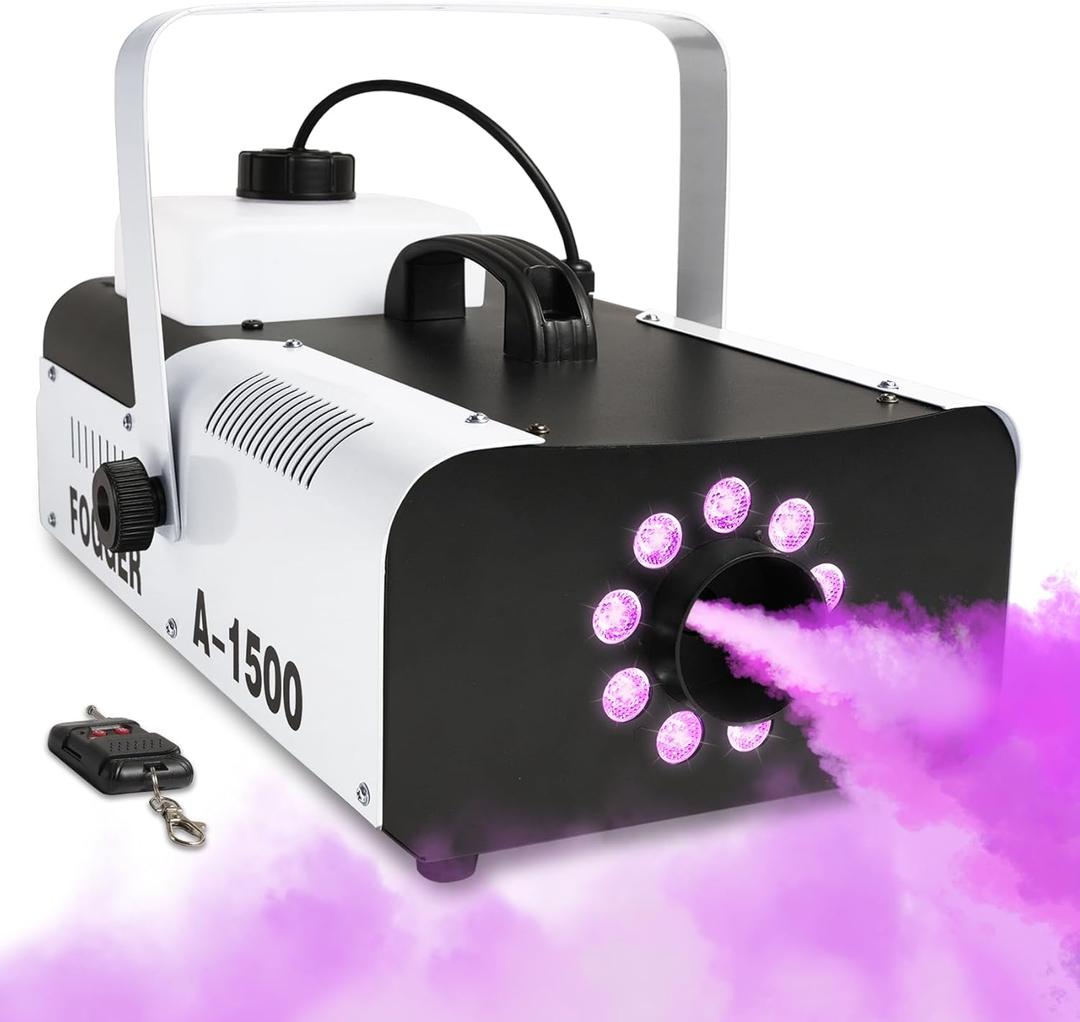 Haiwutech Fog Machine Outdoor Halloween with Timer DMX 1500W Smoke Machine with 9 RGB LED Lights and 28,000 CFM Fogger Remote Control for Party, Stage Effect, Wedding