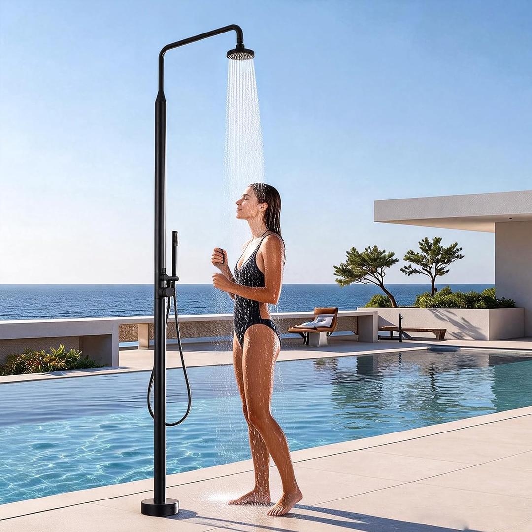 Freestanding Outdoor Shower 316 Marine Grade Stainless Steel, 2 Function Hot & Cold Water Outside Shower with Rain Shower Head & Handheld, Floor Mounted for Backyard Garden Pool Beach (Matte Black)