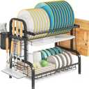 2-Tier Stainless Steel Dish Drying Rack, Space-Saving Kitchen Organizer for in/Over Sink/Counter, with Removable Drain Tray & Cutlery Holder & Utensil Holder, Black