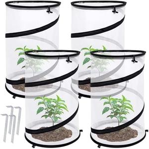 4 Pcs Pop Up Insect Barrier Plant Cover Net, 19.6" x 11.8" Round Foldable Plant Protectors Mesh Plant Enclosure, Garden Net Cage Guard Cover with Stakes & Carry Bag for Protect Plants from Bird Insect