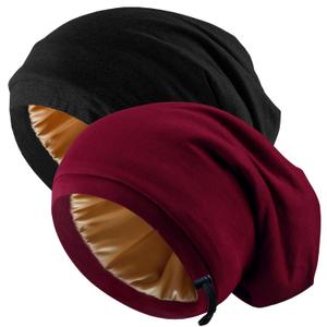 Silk Satin Bonnet Hair Wrap for Sleeping, 2 Pcs Adjustable Silk Bonnets for Women Men Sleep Cap Silk Lined Slouchy with Adjustable Strap Curly Hair Head Scarf Night Caps (Medium, Black+Red)