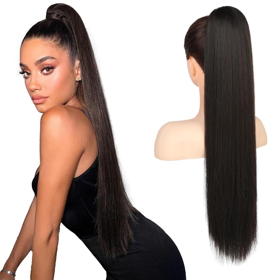 Flufymooz ponytail extension, 26 Inch Long Straight Drawstring Ponytail Hairpieces Fake Pony Tails Natural Soft Clip in Hair Extension pony Tail for Women (Black Brown)