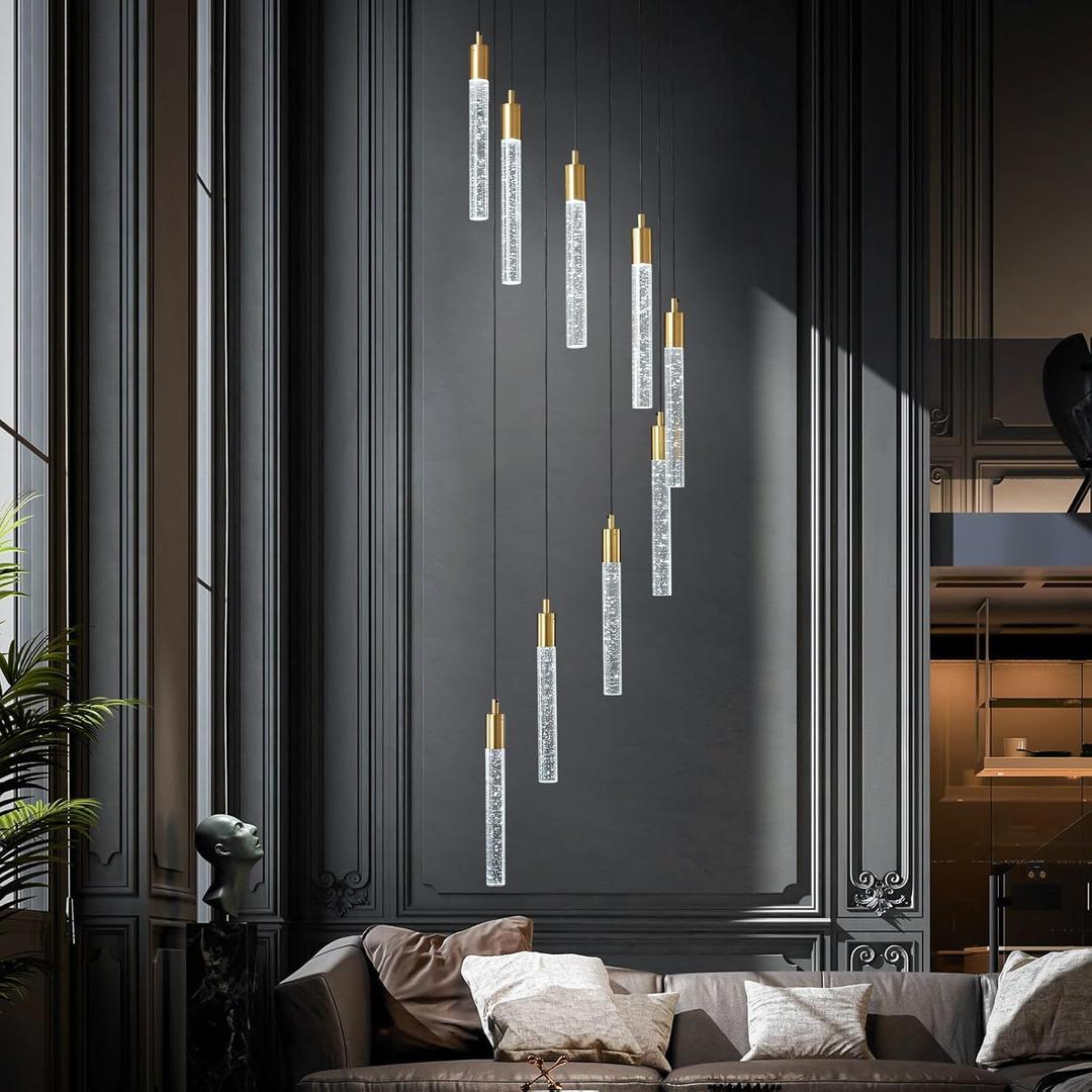 9-Light Modern Living Room Chandelier Gold Brass Finish Crystal Ceiling Pendant Lights LED Dimmable 54W 6000K Staircase Large Chandeliers for Entryway Lobby Foyer High Ceiling Chandeliers