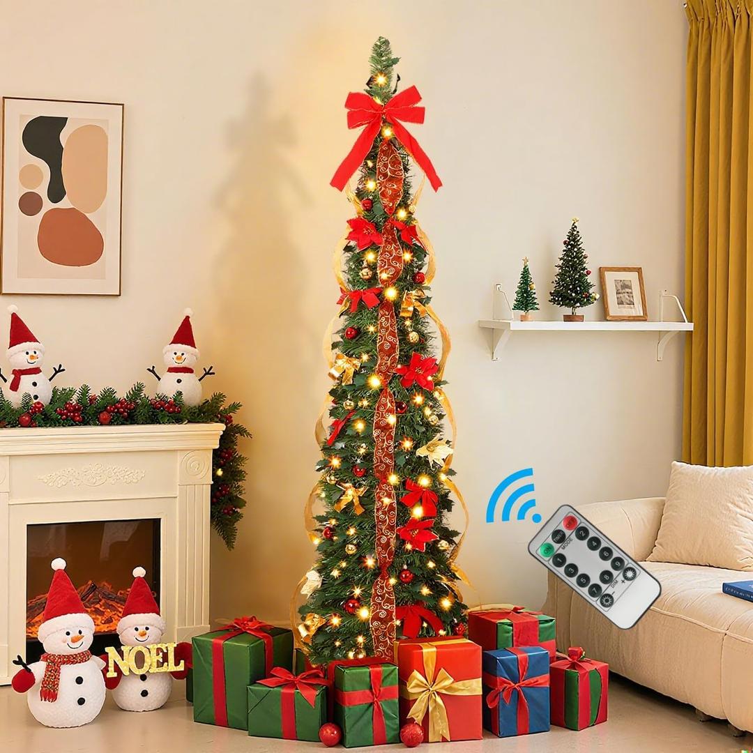 6ft Pop Up Prelit Pencil Artificial Christmas Tree with Remote Control, Slim Collapsible Christmas Tree Pre-Decorated Red&Gold Decorations, Pre-Lit Warm White&Multi-Color Lights for Xmas Decor, 6 FT
