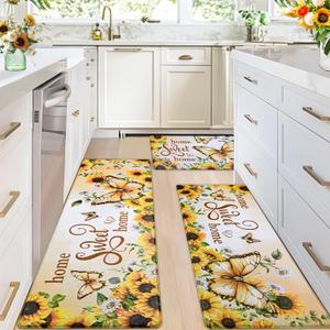 Likiyol Sunflower Kitchen Rugs Floral Kitchen Mats for Floor Butterfly Farmhouse Anti Fatigue Mats for Kitchen Floor, Non Slip Washable Kitchen Mat for Home, Sink, 18''x30''+18''x48''+18''x60''