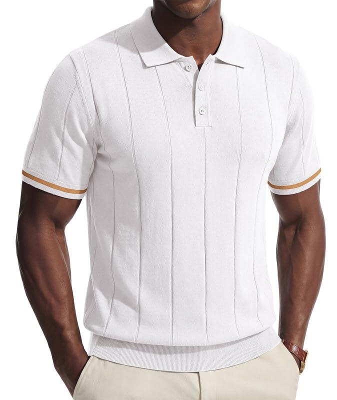 PRIVIMIX Mens Knit Texture Polo Shirts Sweater Short Sleeve Casual Polo Shirts with Button for Summer Golf Navy 2XL (XXL)