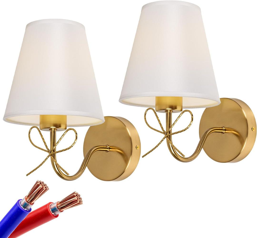 Antique Brass Wall Sconces Set of Two, Bow Sconces Decor Gold Wall Lights Brass Brushed Gold Sconce with Fabric Shade, E26 110V Hardwired Wall Lamps for Girl Bedroom, Living Room, Nursery Room Antique Brass Wall Sconces Set of Two, Bow Sconces Decor Gold Wall Lights Brass Brushed Gold Sconce with Fabric Shade, E26 110V Hardwired Wall Lamps for Girl Bedroom, Living Room, Nursery Room