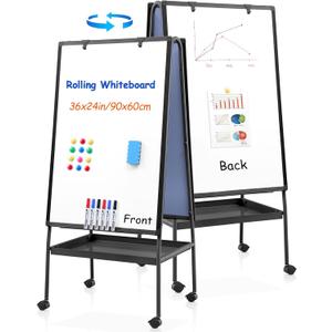 MAKELLO Rolling Whiteboard on Wheels 36x24 in, Double Sided Mobile White Board with Storage Tray for Office School Home, Magnetic Classroom Easel for Teacher, Height Adjustable, Aluminum Frame, 3'x2' MAKELLO Rolling Whiteboard on Wheels 36x24 in, Double Sided Mobile White Board with Storage Tray for Office School Home, Magnetic Classroom Easel for Teacher, Height Adjustable, Aluminum Frame, 3'x2'