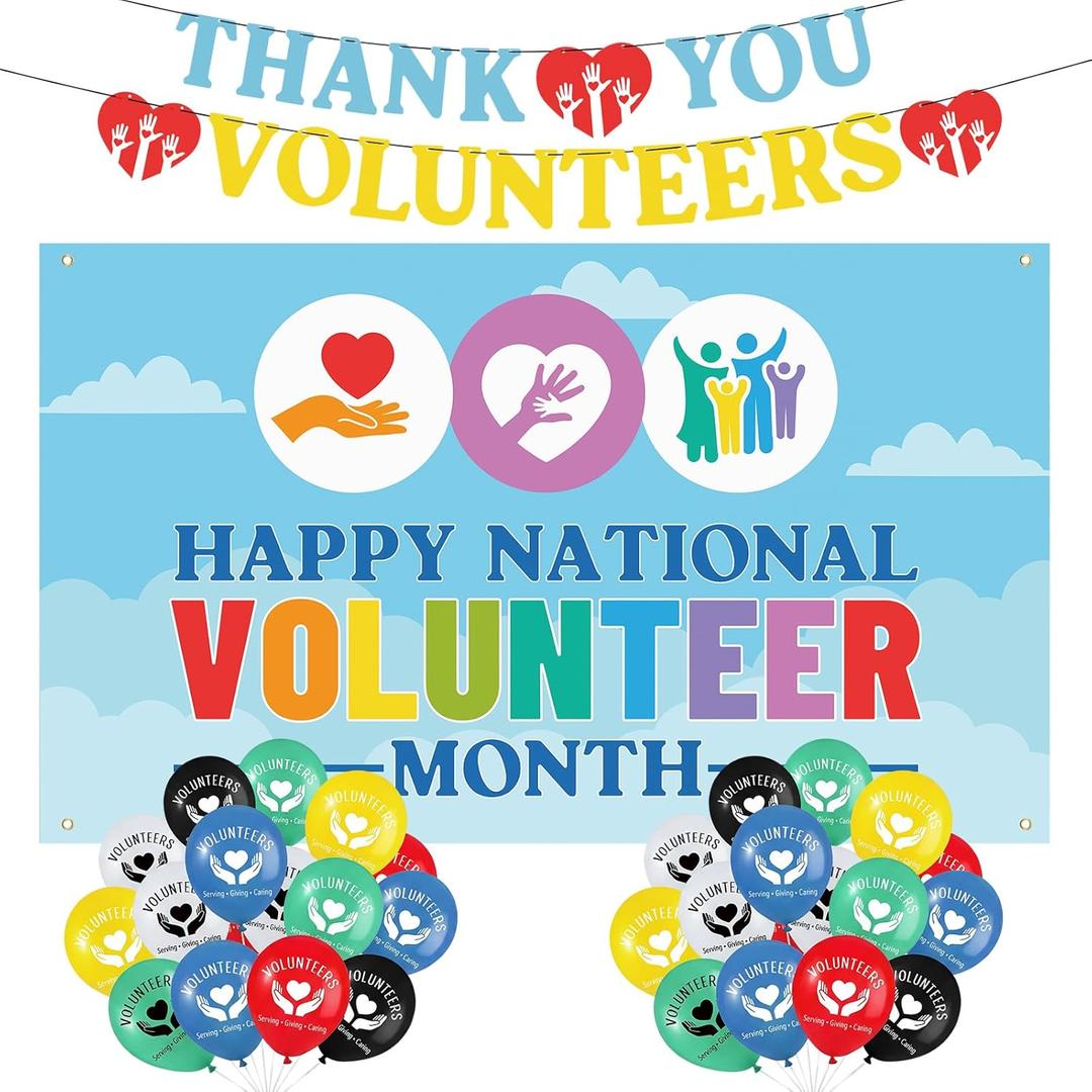 Tudomro 63 Pcs Volunteer Appreciation Party Decorations, Thank You Volunteers Banners Balloons Set, Happy National Volunteer Month Backdrop, Balloons Holiday Festival Celebrating Party Decor Supplies