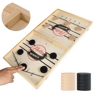 Fast Sling Puck Game Test Your Speed and Accuracy, Large Size Fast Action Wooden Air Hockey Board Game (22"x12")