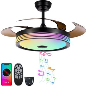48 inch Modern Retractable Ceiling Fan with Lights and Remote Control, RGB 6Speed Dimmable Fandelier, Smart Ceiling Fan Light with Bluetooth Speaker, Reversible Bedroom