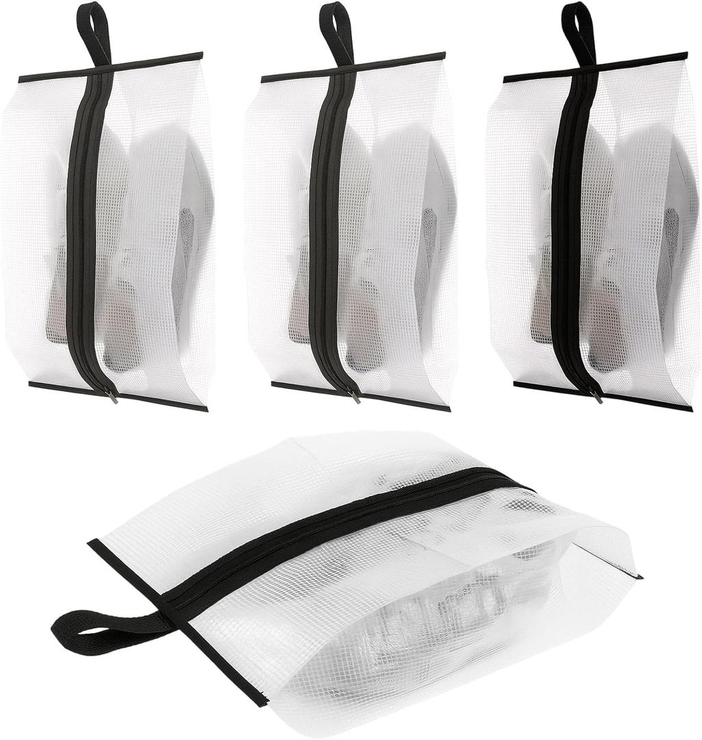 4PCS Waterproof Shoe Bags for Travel, X-Large Clear Sneaker Pouch with Sturdy Zipper, 2 Grey & 2 Black Portable Travel Shoe Bag for Men & Women, Ideal for Gym, Luggage, and Closet Storage