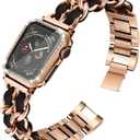 Mosonio Compatible for Apple Watch Band 46mm with Screen Protector Case Women, Jewelry Metal Chain with 2-Pack Bling Cover for iWatch Series 11 10(Rose Gold Link with Black Leather)