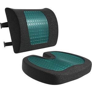 Amazon Basics Comfortable Seat Cushion & Lumbar Support for Office Chairs, Gel Enhanced Memory Foam, Non-Slip, Cooling, Portable, Pack of 2, Rectangular, Black