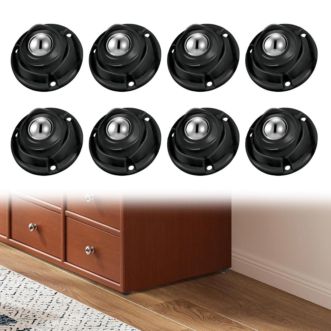 8 Pack Self Adhesive Caster Wheels, 1 Inch Low Profile Stainless Steel Mini Swivel Wheels, 66 lbs Heavy Duty Appliance Rollers for Furniture, Storage Bins, Kitchen Appliances, Black