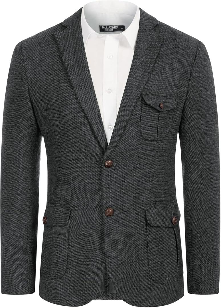 Men's Tweed Jacket Notch Lapel Premium Wool Blend Blazer Sport Coat with Pockets (3X-Large, Dark Grey)