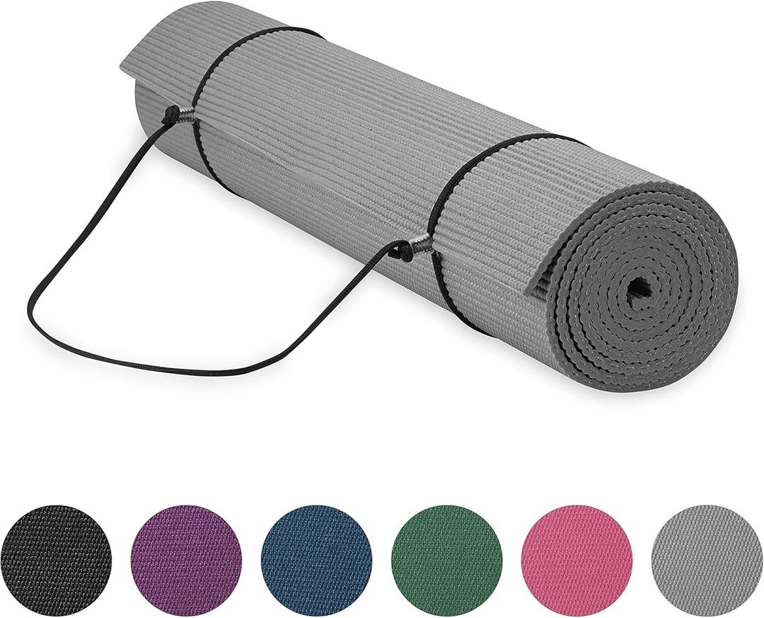 Gaiam Essentials 1/4" Thin (6mm) Yoga & Pilates, Fitness & Exercise Mat with Easy-Cinch Carrier Strap Cusion Support For Fitness and Gym Workouts (Grey)