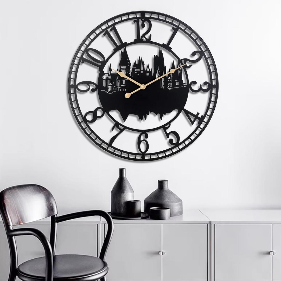 Wall Clocks for Living Room, Metal Black Castle with Metal Golden Retro Hands, Battery Operated Silent Non-Ticking Large Wall Clock for Bedroom Kitchen Living Room Home Decor,16x16Inch