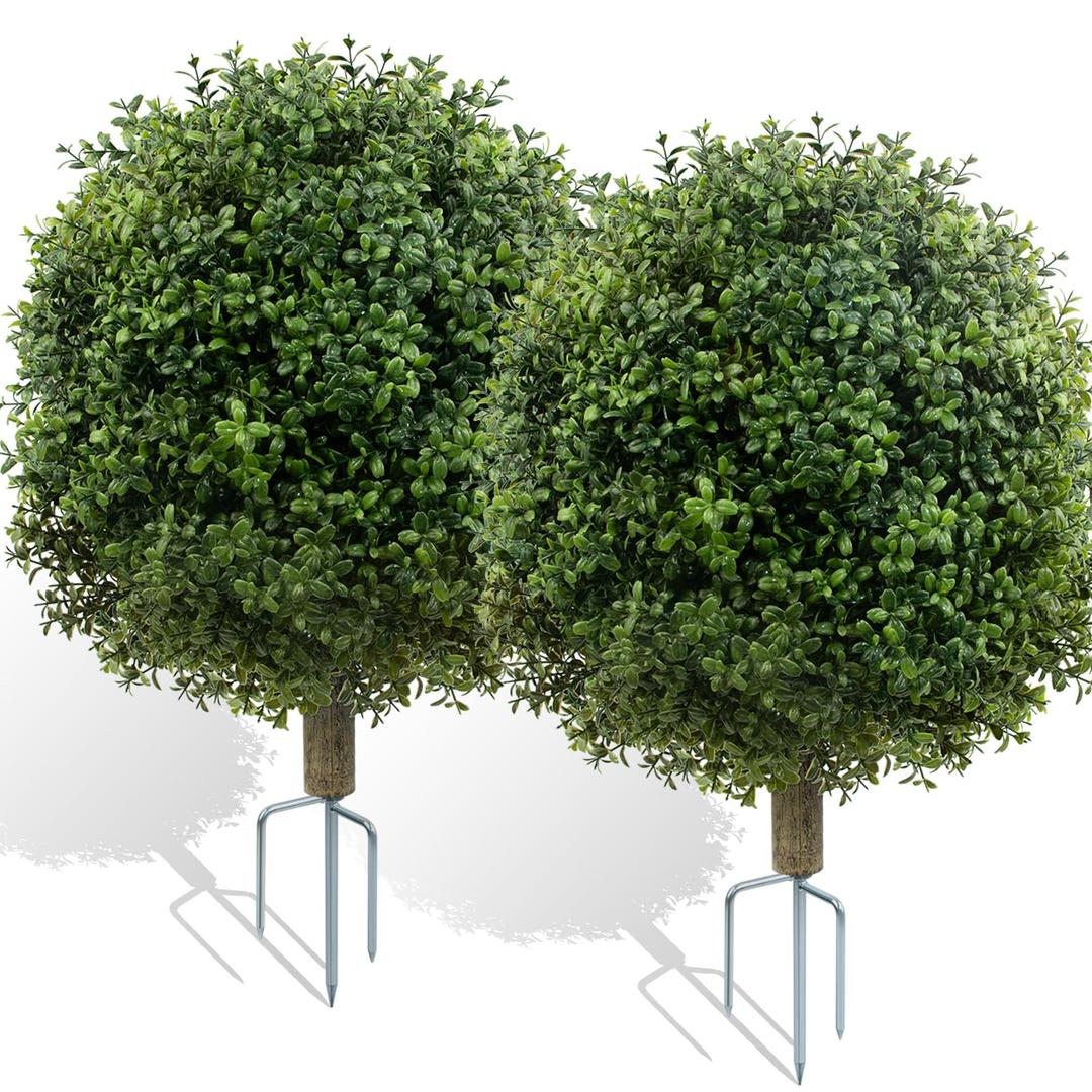 Griine 2 Pack Artificial Boxwood Topiary Ball Trees for Outdoors, 27" Faux Boxwood Topiary Bush with Metal Ground Spike UV Resistant Realistic Evergreen for Front Porch, Garden, Yard & Balcony Decor
