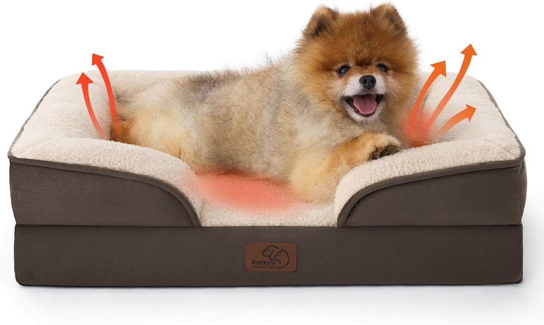 Bedsure Self Warming Orthopedic Dogs Bed for Small Dogs - Washable Small Dog Bed Waterproof, Comfort Pet Couch with Removable Cover, Pets Sofa with Nonskid Bottom, Brown, Non-Electric (24"L x 18"W x 6"Th)