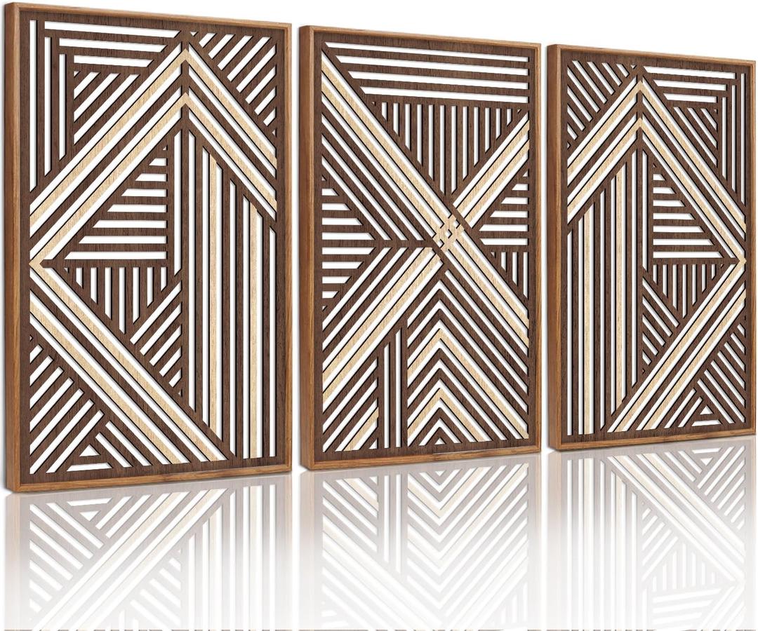 CHDITB Boho Geometric Wood Wall Art(Set of 3, 16"x24"), Large Modern Wooden Panel Hollow Line Art Decor, Rustic Abstract Minimalist Wall Hanging Artwork for Bedroom Living Room Office (Geometric Lines (Brown))