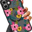 OOK Magnetic Case for iPhone 16 (6.1")  Slim Translucent Matte Black Cover with Pink Flower Design [MagSafe Compatible] Camera Protection, Lightweight & Stylish