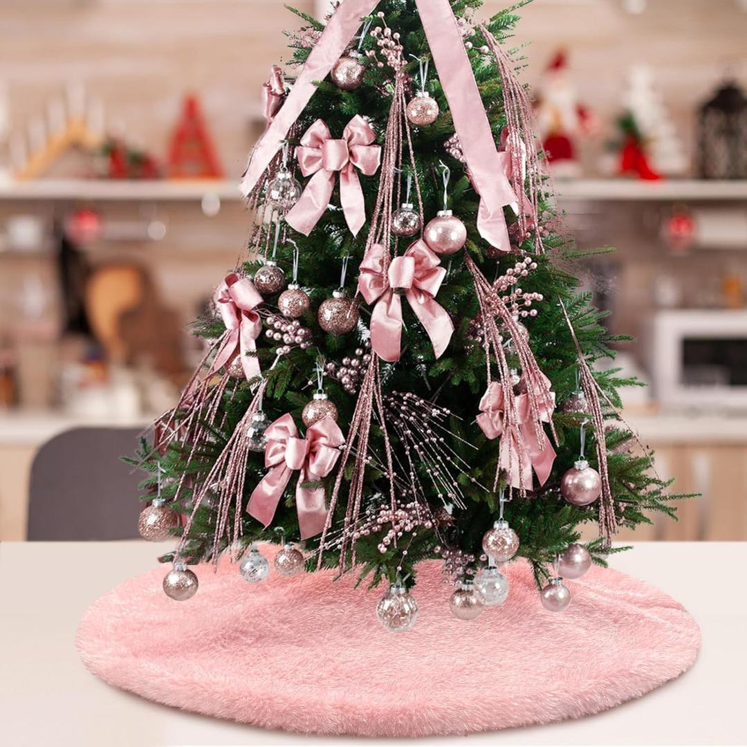 Pink Plush Christmas Tree Skirt 24 Inches Small Faux Fur Xmas Tree Skirt Base Cover Mat with Shiny Streamers for Christmas Tree Holiday Home Party Decorations - 60cm