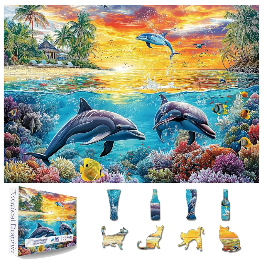 Hawaii Dolphins Ocean 500 Piece Puzzles for Adults, Difficult Jigsaw Puzzle Challenging, Art Puzzle for Gift Party Games Family Fun, 23" X 15" Dust Free