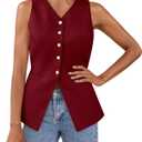 Tankaneo Womens Summer Suit Vest Tops Fashion Casual Sleeveless Blazers Split Hem Button Down Linen Work Waistcoat (Red, L)