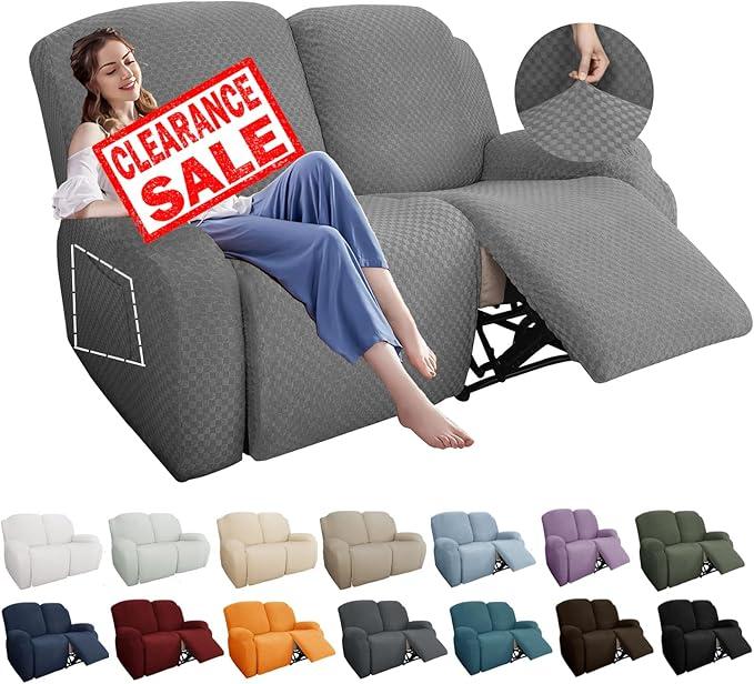YEMYHOM 6 Pieces Stretch Loveseat Recliner Slipcover Jacquard Recliner Sofa Cover with Side Pocket Fitted Recliner Cover Couch Furniture Protector with Elastic Bottom (Loveseat Recliner, Light Gray)