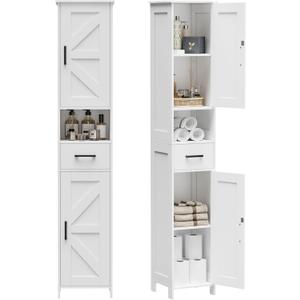 Homhedy 67" H Tall Bathroom Storage Cabinet with 2 Barn Doors and 1 Drawer, Narrow Storage Unit, Adjustable Shelves, Floor Cabinet for Bathroom, Living Room, Entryway, Kitchen, White, (11.8" W), 11.8"D x 11.8"W x 66.9"H
