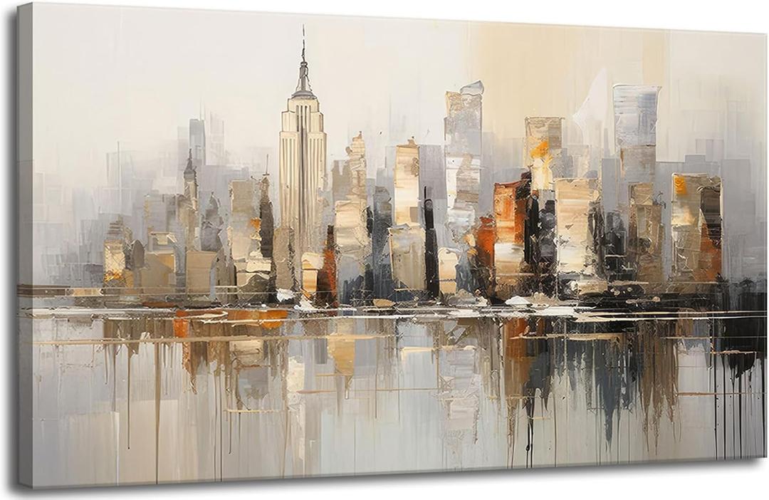 Large Abstract Living Room Canvas Wall Art New York Landscape Reflection painting Decor Pictures Modern Brown Grey City Theme Big Neutral Posters Prints for Bathroom Bedroom Office Home Decoration (40"L x 20"W)