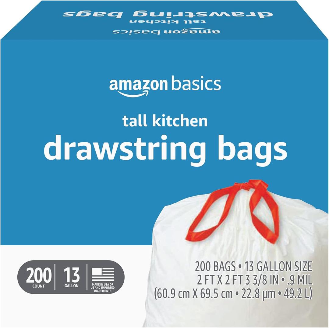 Amazon Basics Tall Kitchen Drawstring TrashBags, Sturdy, 13 Gallon, Unscented, 200 Count