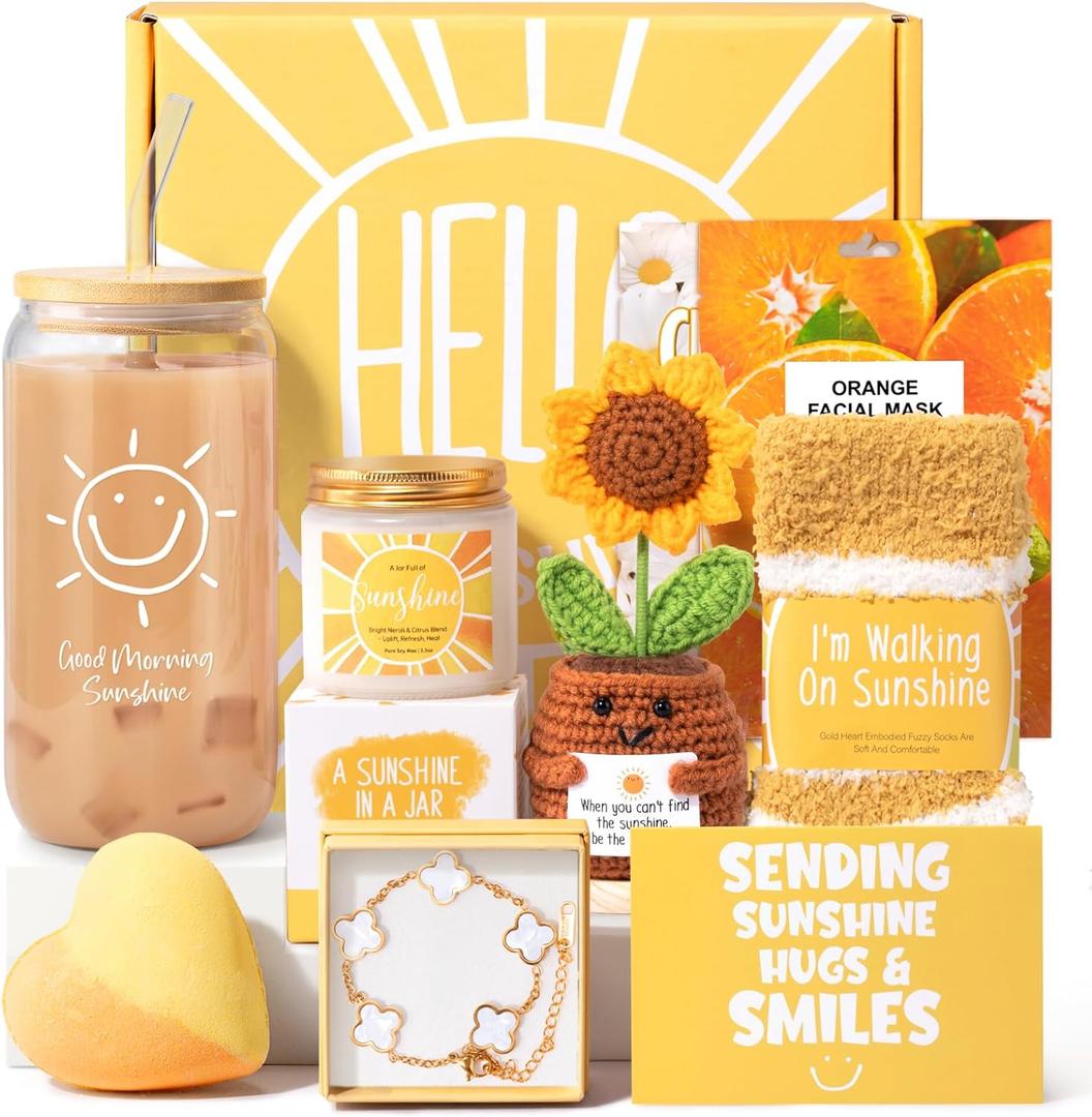 Gift Baskets for Women, 9pcs Unique Happy Birthday Gifts for Women, Best Inspirational Get Well Christmas Sunshine Sunflower Ideas Box for Her Sister Friend Friendship Mom - BRIGHTEN UP HER DAY! (Yellow)