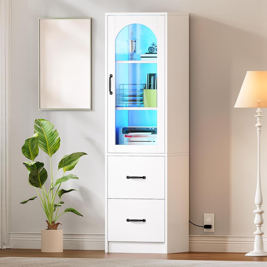 YITAHOME File Cabinet with Bookshelf and Glass Doors, 2 Drawer Filing Cabinet with LED Light, Printer Stand with Storage Shelf, Wood File Cabinets for Home Office Fits Letter, Legal, A4 Size, White