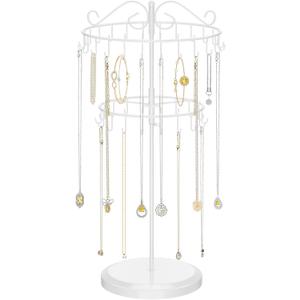 iDavosic.ly 2 Tier Rotating Necklace Holder Organizer with 42 Hooks, Adjustable Metal Bracelet Display Stand Rack, Extra Tall Keychain Spinning Tree Tower for Women, White