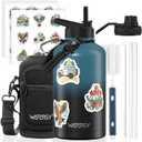 64oz Insulated Water Bottle (Cold for 48 Hrs),BPA Free&Leak Proof,Half Gallon Stainless Steel Water Flask,Water Jug with Straw Spout Lids for Gym,Hiking,Camping,Black Blue