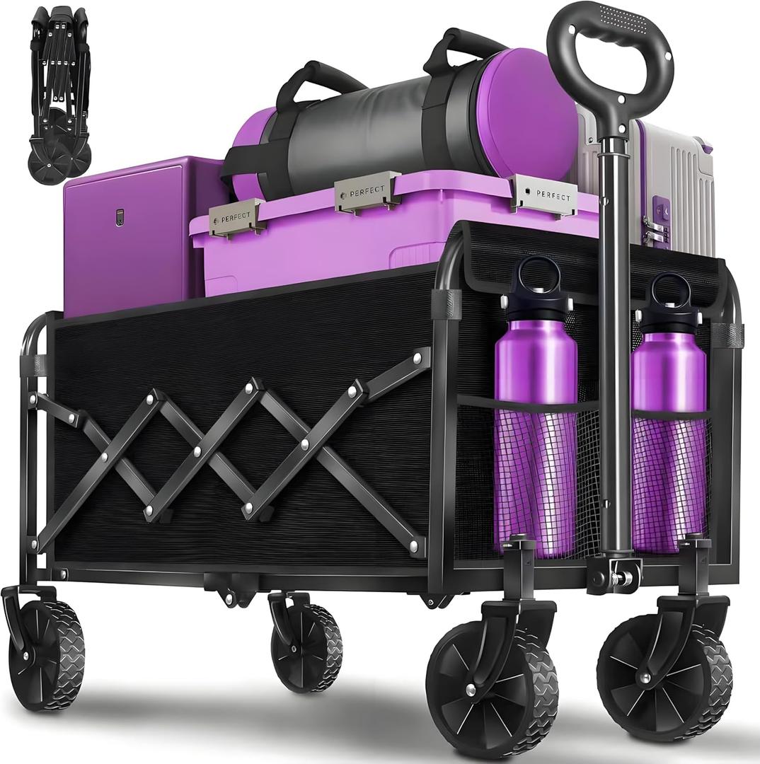 Wagons Carts Foldable,280 LBS Large Capacity Foldable Wagon Cart Collapsible Wagon with Wheels & Drink Holders,Utility Folding Cart for Camping Garden Beach Picinic Grocery Outdoor Shopping(Black)