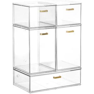 LALOBLUE Set of 5 Stackable Storage Drawers, Clear Acrylic Organizer Bins for Beauty Supplies, Perfect for Makeup Vanity, Undersink, Kitchen, Cabinet,Pantry Organization and Storage