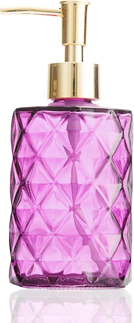 Soap Dispenser, 11Oz Colorful Glass Bottle Jar w/Plastic Pumps for Refillable Wash Hand Liquid, Essential Oils, Lotions, Liquid Soaps, Ideal for Bathroom & Kitchen Countertop (Purple)