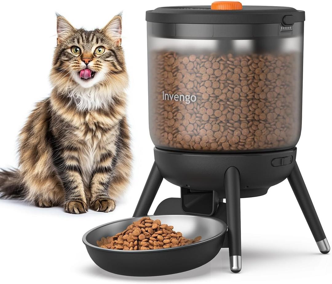 Invengo Automatic Cat Feeder with Timed Food Dispenser, One-Touch Feeding, Dual Power Supply, Anti-Bug Design, Visible 3L Hopper  Automatic Pet Feeder for Cats and Small Dogs (Black)