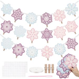 Epakh 24 Sets Winter Snowflake Photo Banner Snowflake Cards Wooden Clips with Ribbon Snowflakes Garland Hanging Ornaments Winter Decorations for Baby Shower Birthday Party Supplies