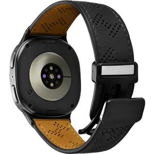 Genuine Leather Watch 8 Band for Men Compatible with Samsung Galaxy Watch 8 40mm 44mm/ 8 Classic 46mm, Magnetic Buckle Design Breathable Adjustable Wristbands Replacement Strap (A2-Black)