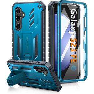 FNTCASE for Samsung Galaxy S23-FE Case: Military Grade Protective Hard Phone Case with Kickstand | Screen Protector | Shockproof TPU Full Protection Drop Proof Phone Cover for Galaxy S23 FE 5G Blue