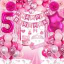 5th Birthday Decorations Girl, Pink Party Decorations with Number 5 Balloon Happy Birthday Banner Bday Sash Crown Tablecloth Fringe Curtain Hanging Swirl for 5 Year Old Girl Bday Decor